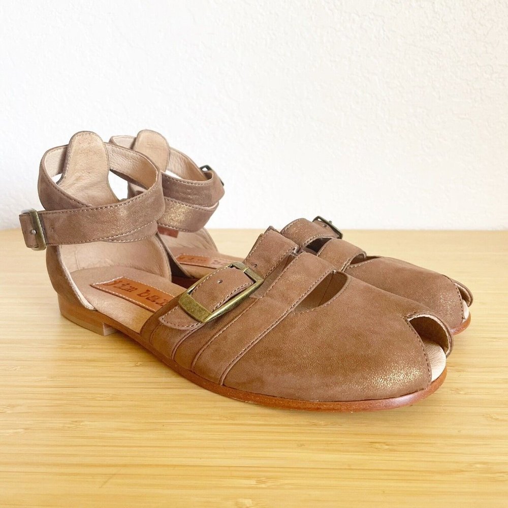Jim Barnier Womens Size 9 Leather Sandals Peep Toe Ankle Wrap Brown Gold Shimmer - Picture 7 of 13